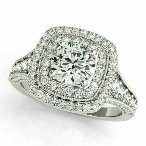 14k White Gold Halo Engagement Ring 2.50Ct Round Cut White Moissanite Size 7.5