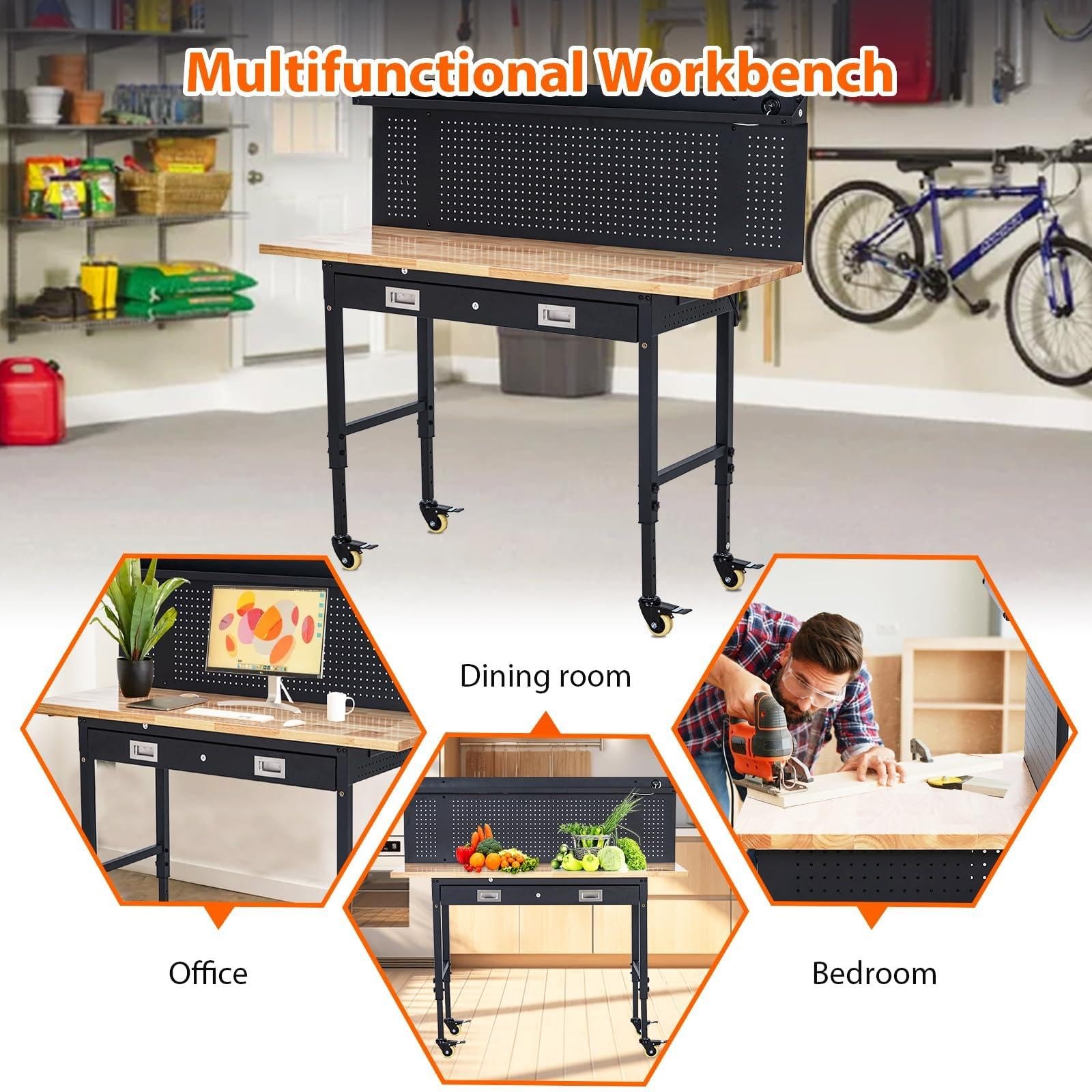 60" Adjustable Workbench ,Heavy Duty Garage Work Table with Pegboard and Drawer