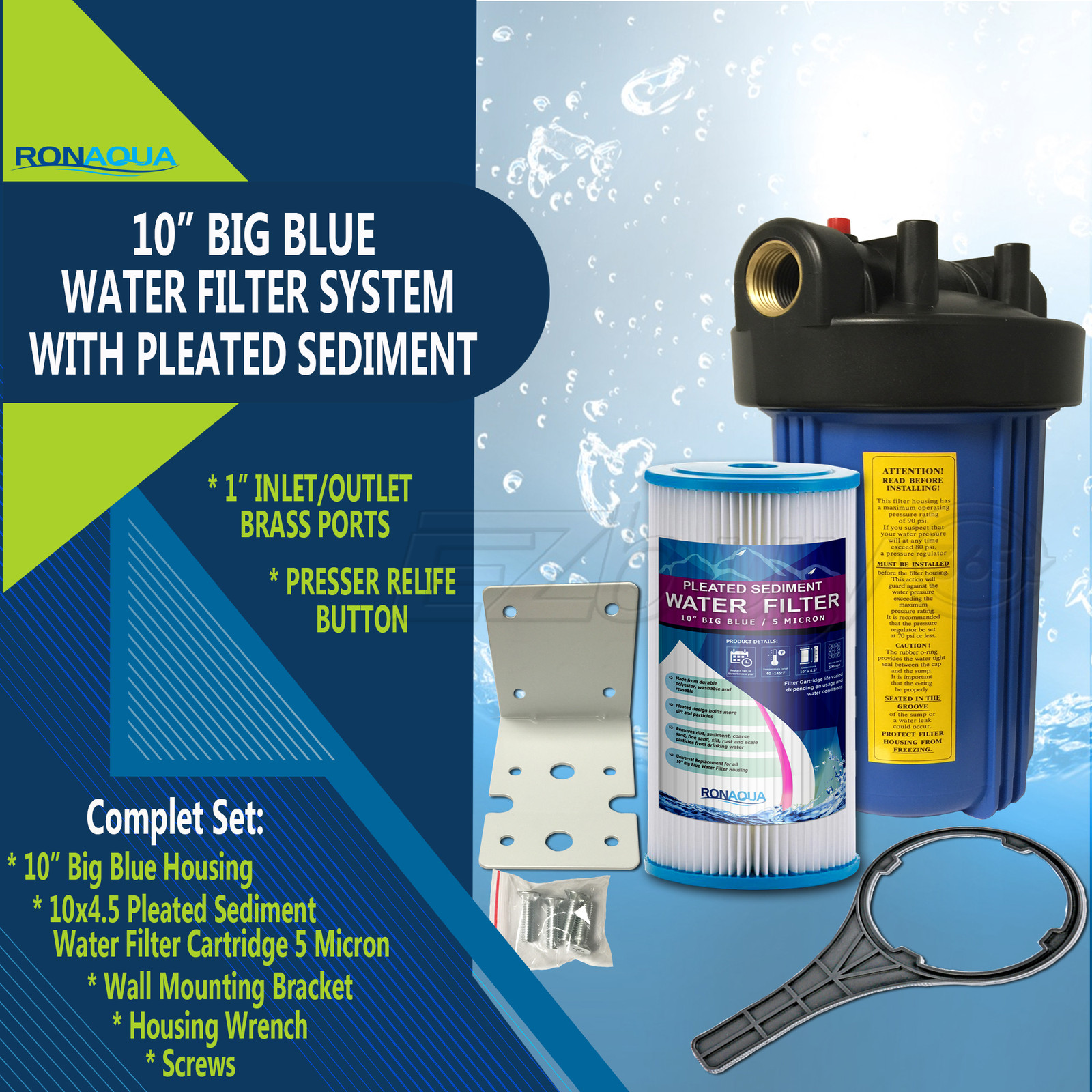10" Big Blue Whole House System with 4.5x10” Pleated Sediment Water Filter