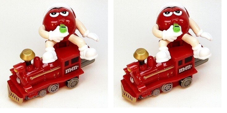 Lot of 2 Red M&M's Train Christmas Ornaments, 2005 Mars Holiday Set Engine Candy