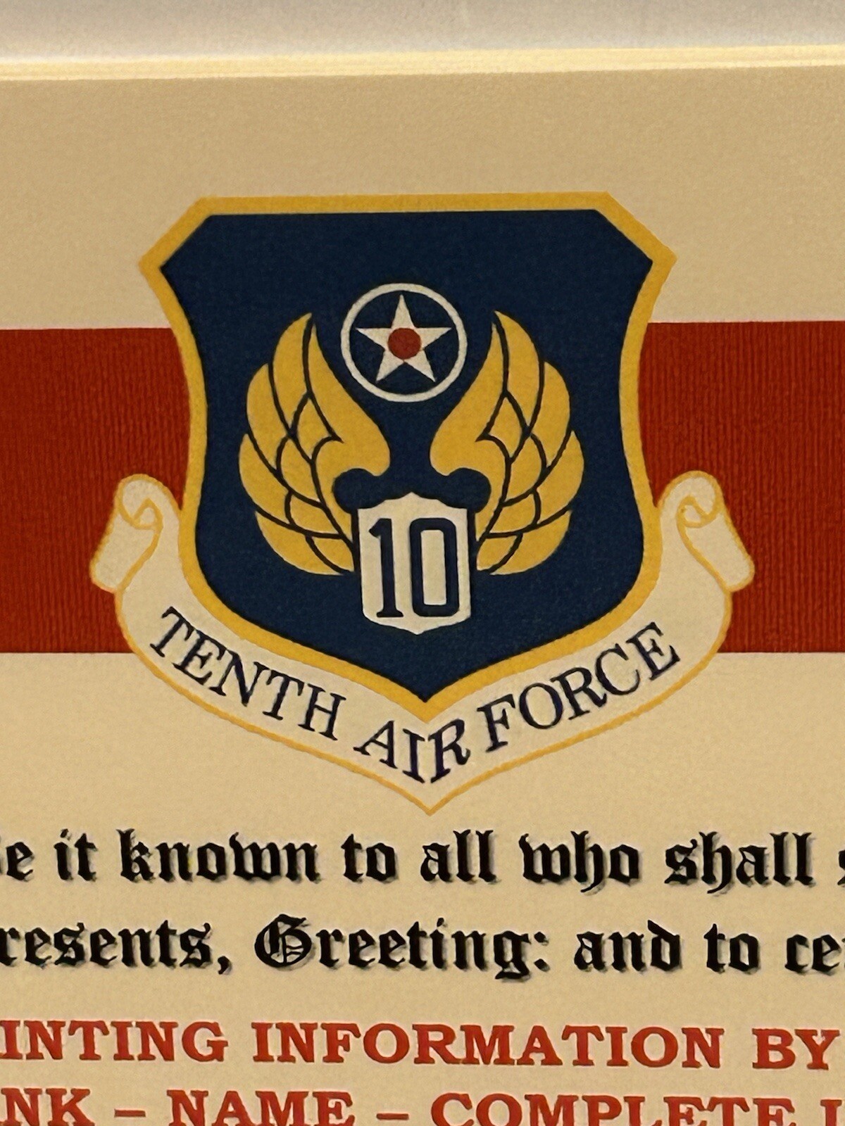 U.S. AIR FORCE / 10TH AIR FORCE - MERITORIOUS UNIT COMMENDATION CERTIFICATE