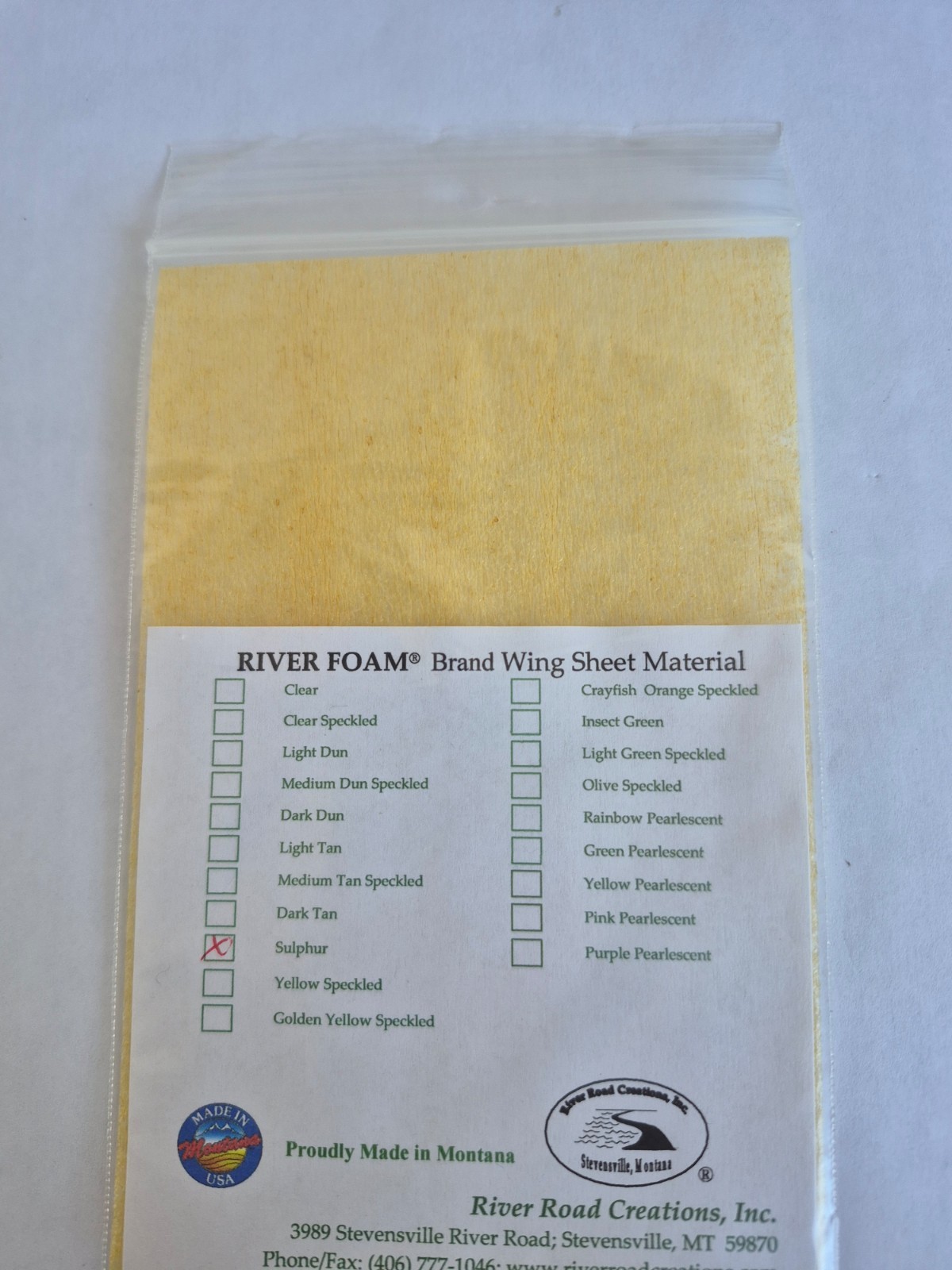 RIVER ROAD  WING SHEET  Material, sulphur , Fly tying