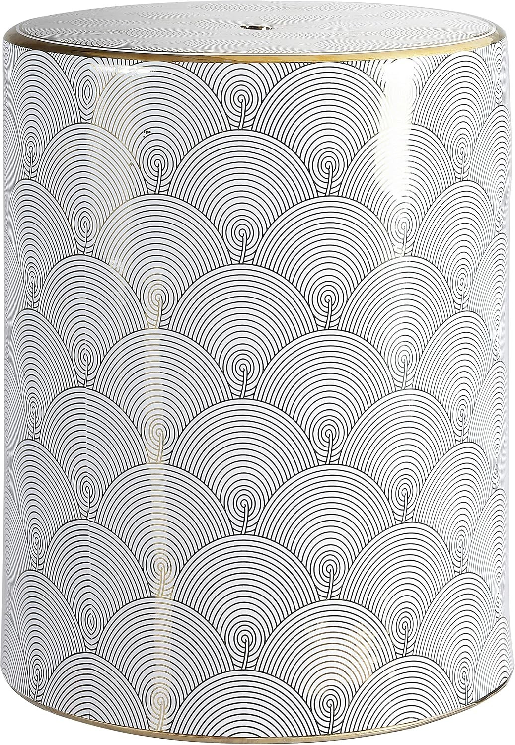 Fish Scale Garden Stool Modern Ceramic 17" Table, White/Gold | Chinoiserie Drum