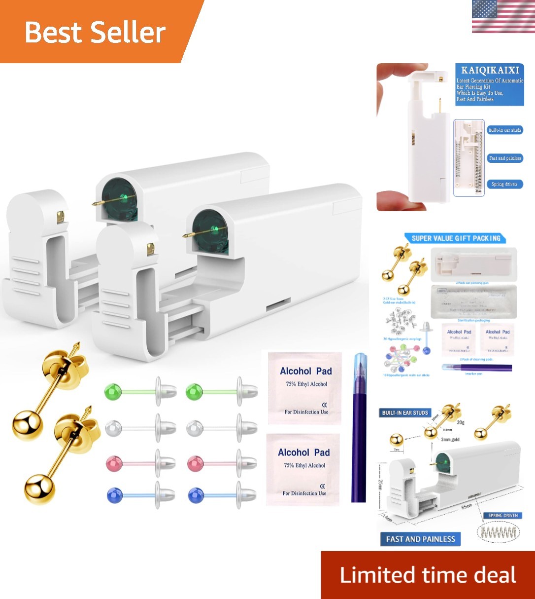 18-Piece Painless Ear Piercing Kit - Automatic Gun with Gold 3mm Ear Studs