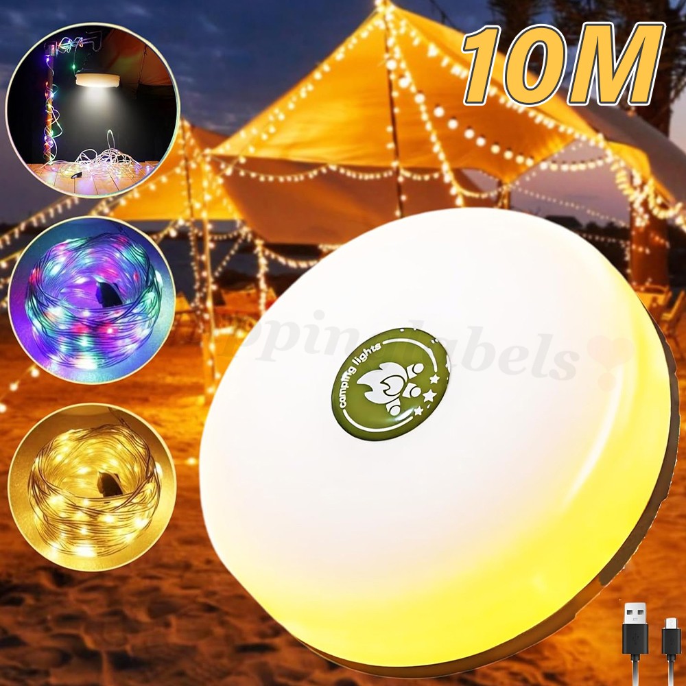 33FT Portable Camping String Lights LED Tent Light Outdoor USB Rechargeable Lamp