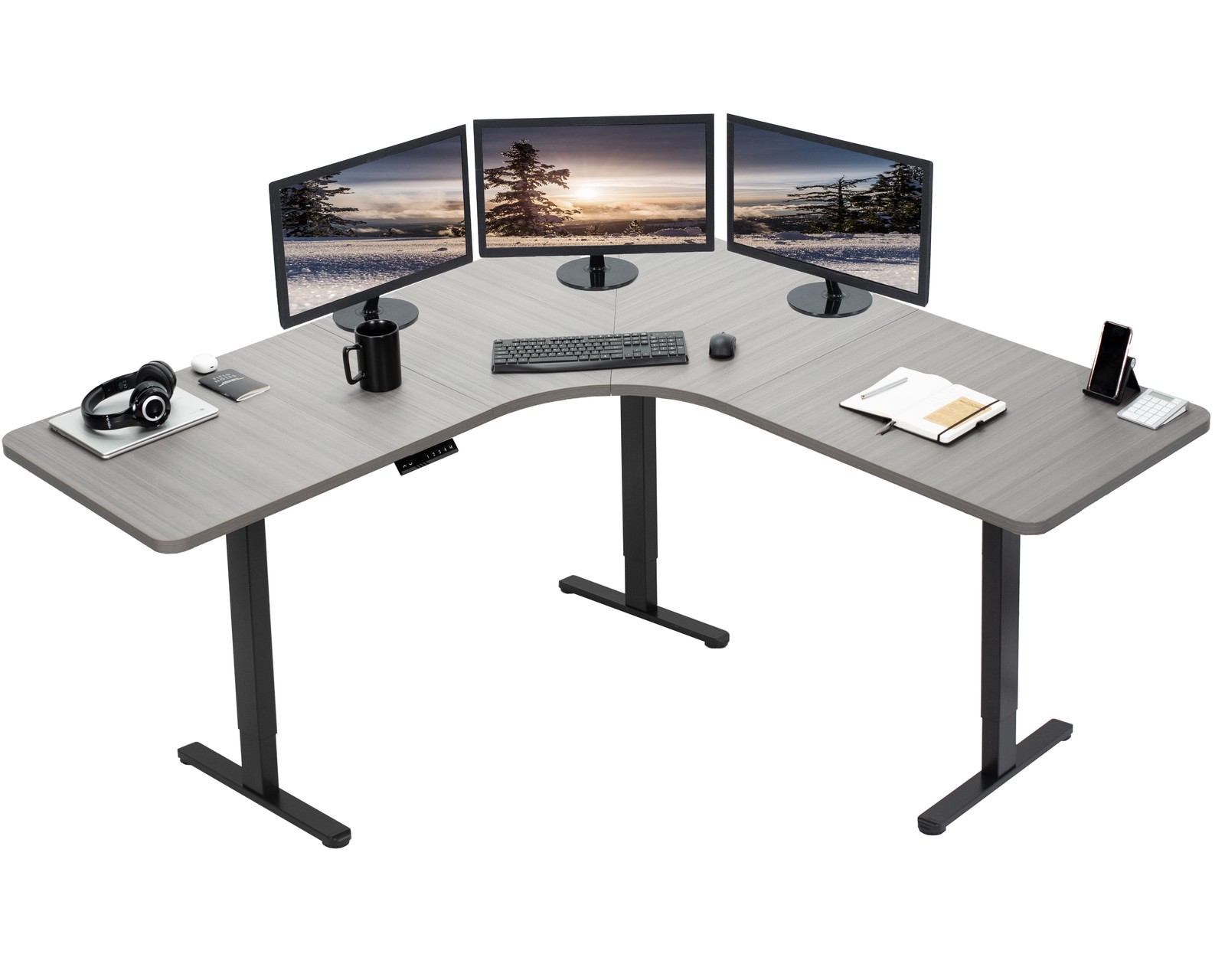 VIVO Dark Gray / Black Electric 71" x 71" Curved Corner Stand Up Desk
