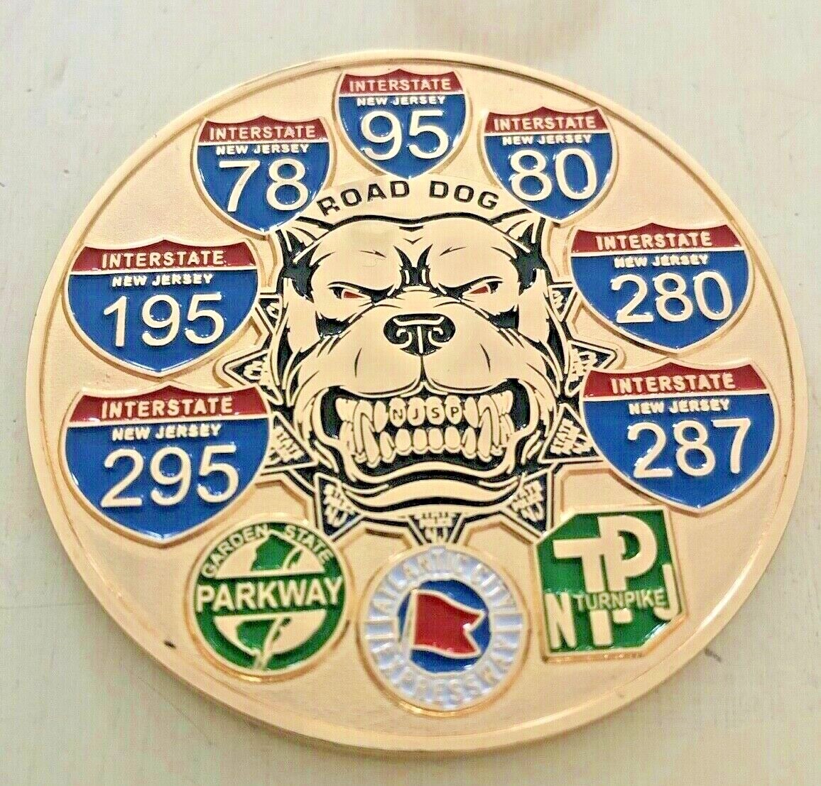 NEW JERSEY STATE POLICE ROAD DOG CHALLENGE COIN 2 1/4 inches