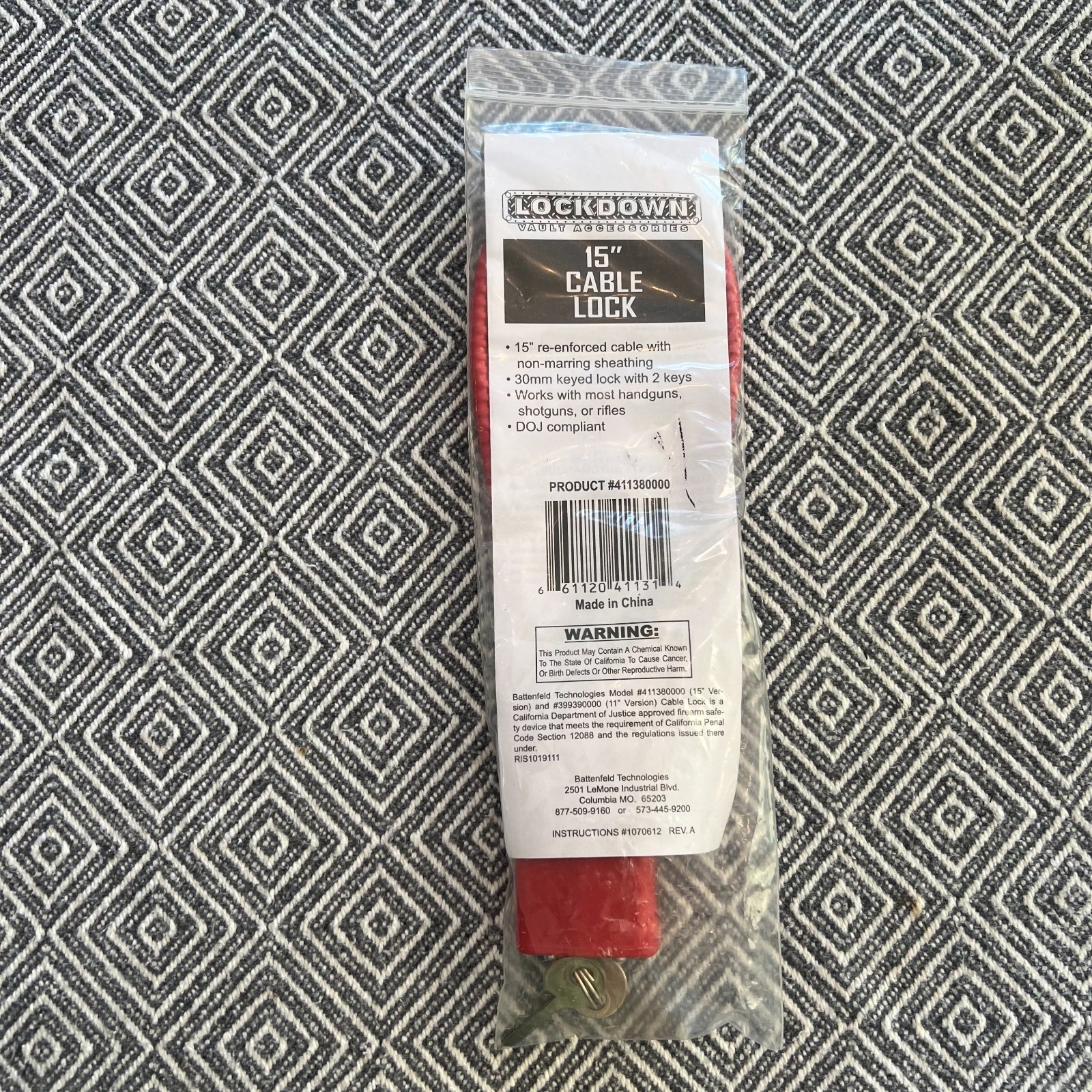 Lockdown 15 Inch Cable Lock Gun Keys Included RED NWT