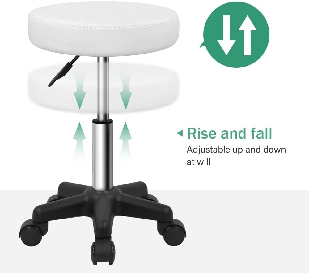 Elegant Height Adjustable Rolling Stool for Spa & Salon - Modern White Finish
