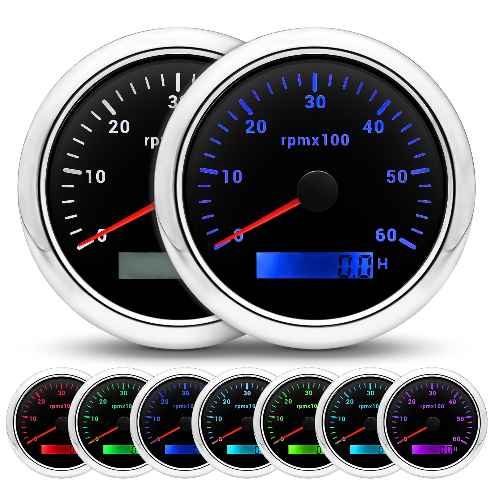 85mm Marine LCD Tachometer Gauge 0-6000RPM Hourmeter 7 Colors LED for Car Boat