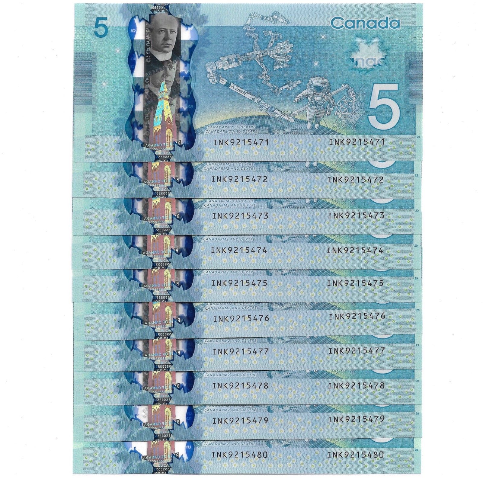 10 X Consecutive Serial #’s! Series 2013 Canada Polymer Uncirculated! $5 Bills!