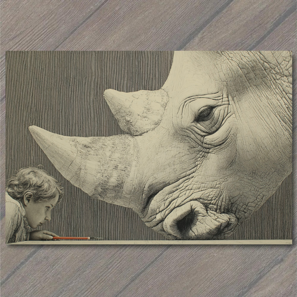 POSTCARD Boy Drawing Giant Rhino Pencil Sketch Surreal Detail Close