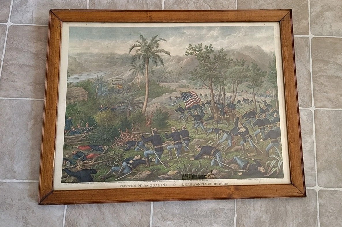 Kurz & Allison Battle of La Quasina Near Santiago De Cuba 1898 CHROMOLOTHOGRAPH