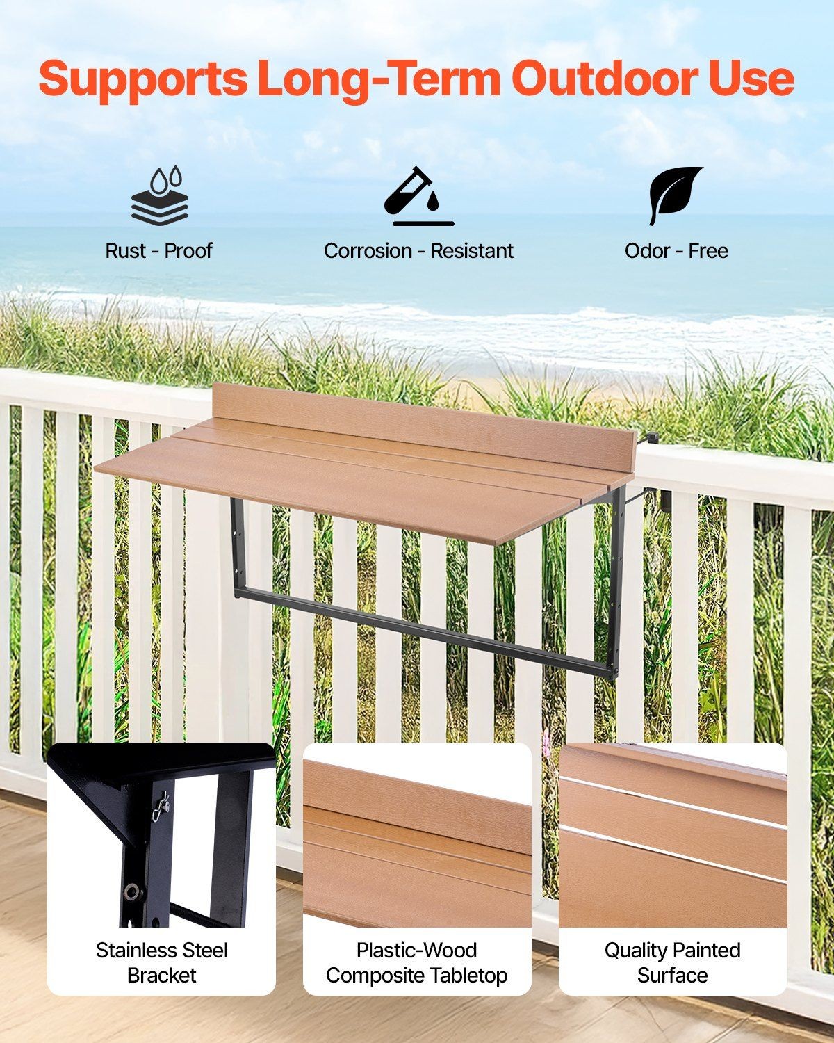 Rust-Resistant Balcony Table 15x39in 5-Setting Adjustable Foldable 50lb Support