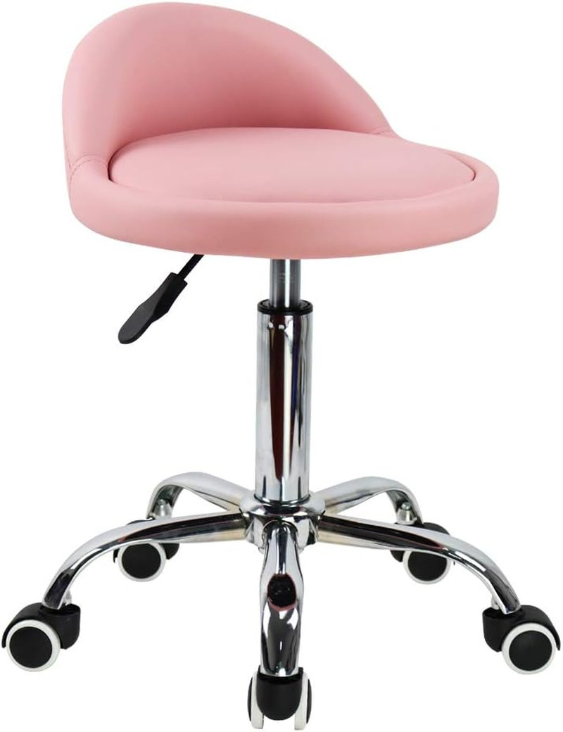 PU Leather round Rolling Stool with Back Rest Height Adjustable Swivel Drafting