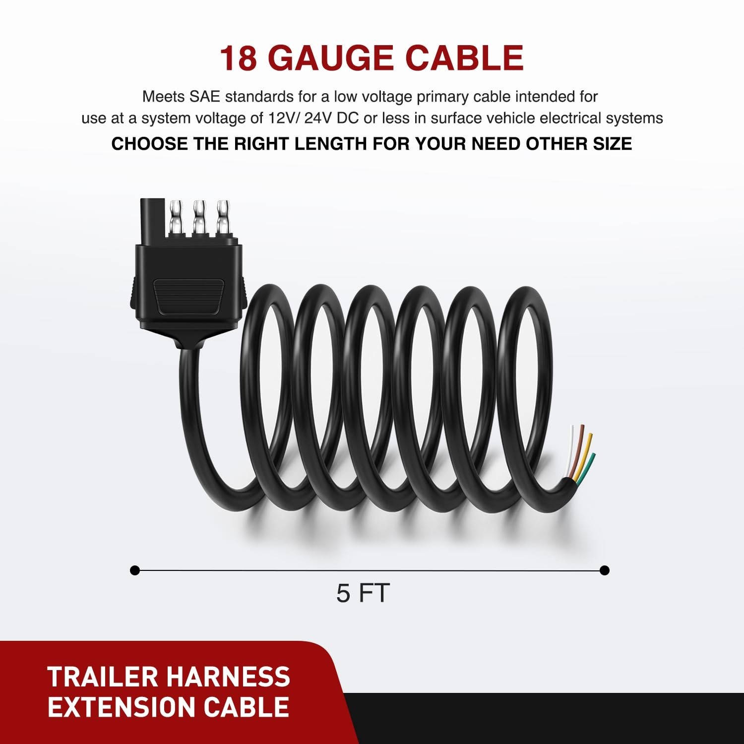 Heavy Duty 4-Way Trailer Extension Cable – 5 Feet, Pure Copper, Weatherproof