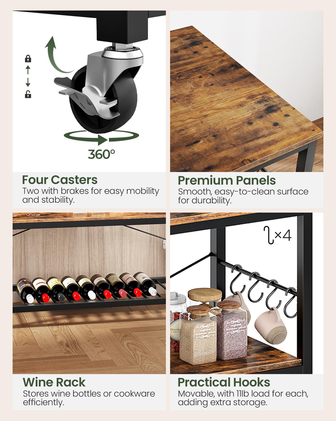 Rustic Kitchen Island with Power Outlet, Folding Top & Wine Rack, Large Size