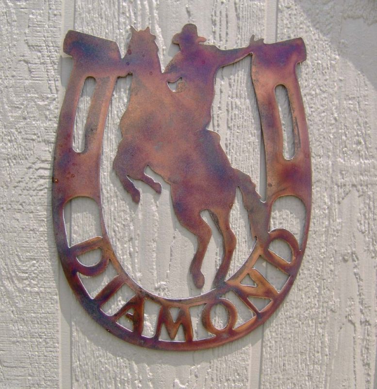 Personalized Horseshoe Bucking Horse & Cowboy Barn Stall Stable Metal Art Sign