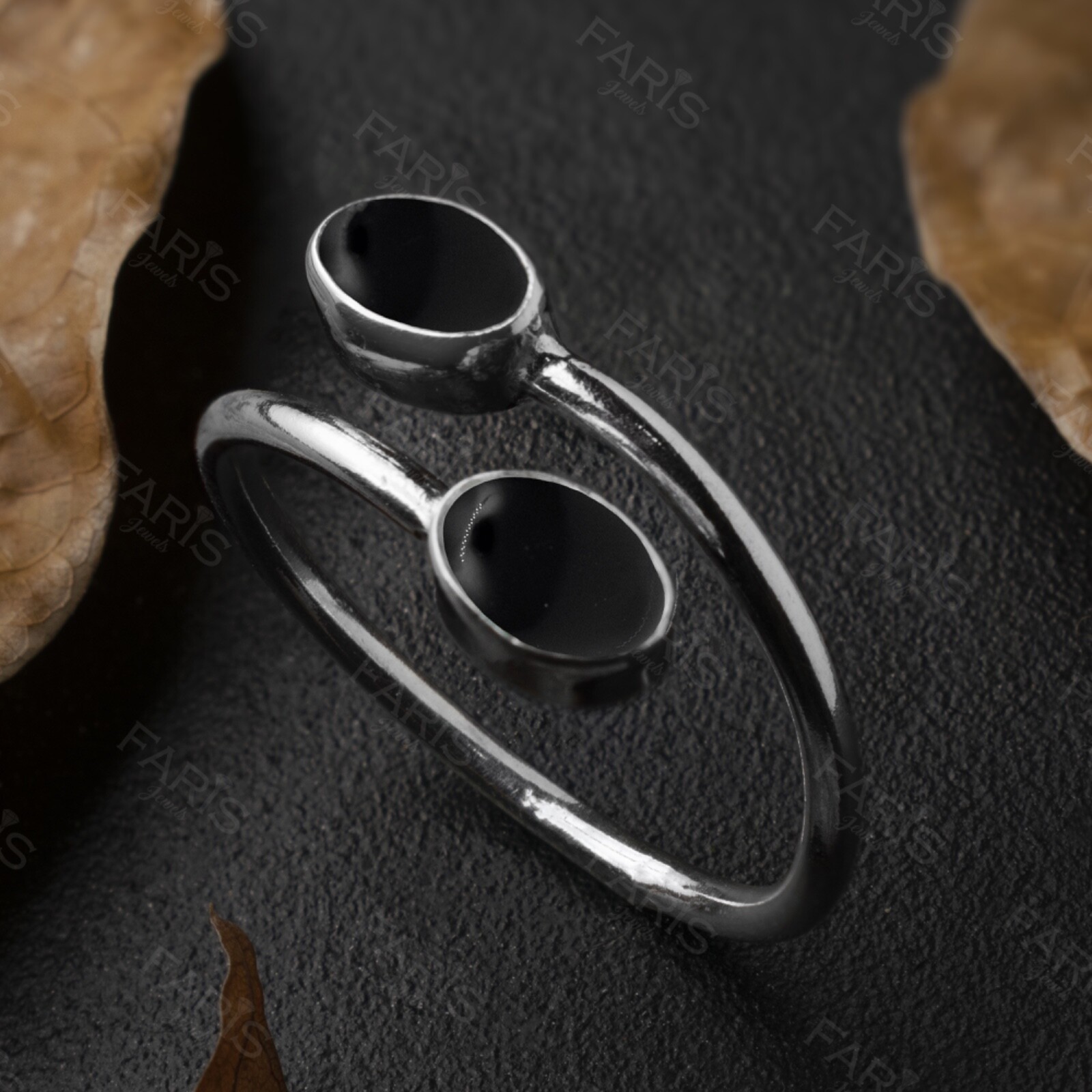 925 Sterling Silver Black Onyx Ring Oval Bypass Adjustable Statement Band Boxed