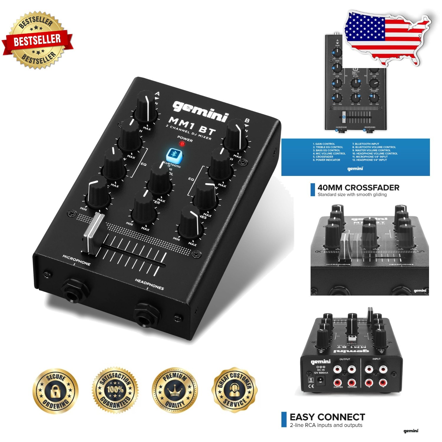 Portable Bluetooth DJ Mixer: 2-Channel Mini Audio Board, Wireless RCA Mic Hea...