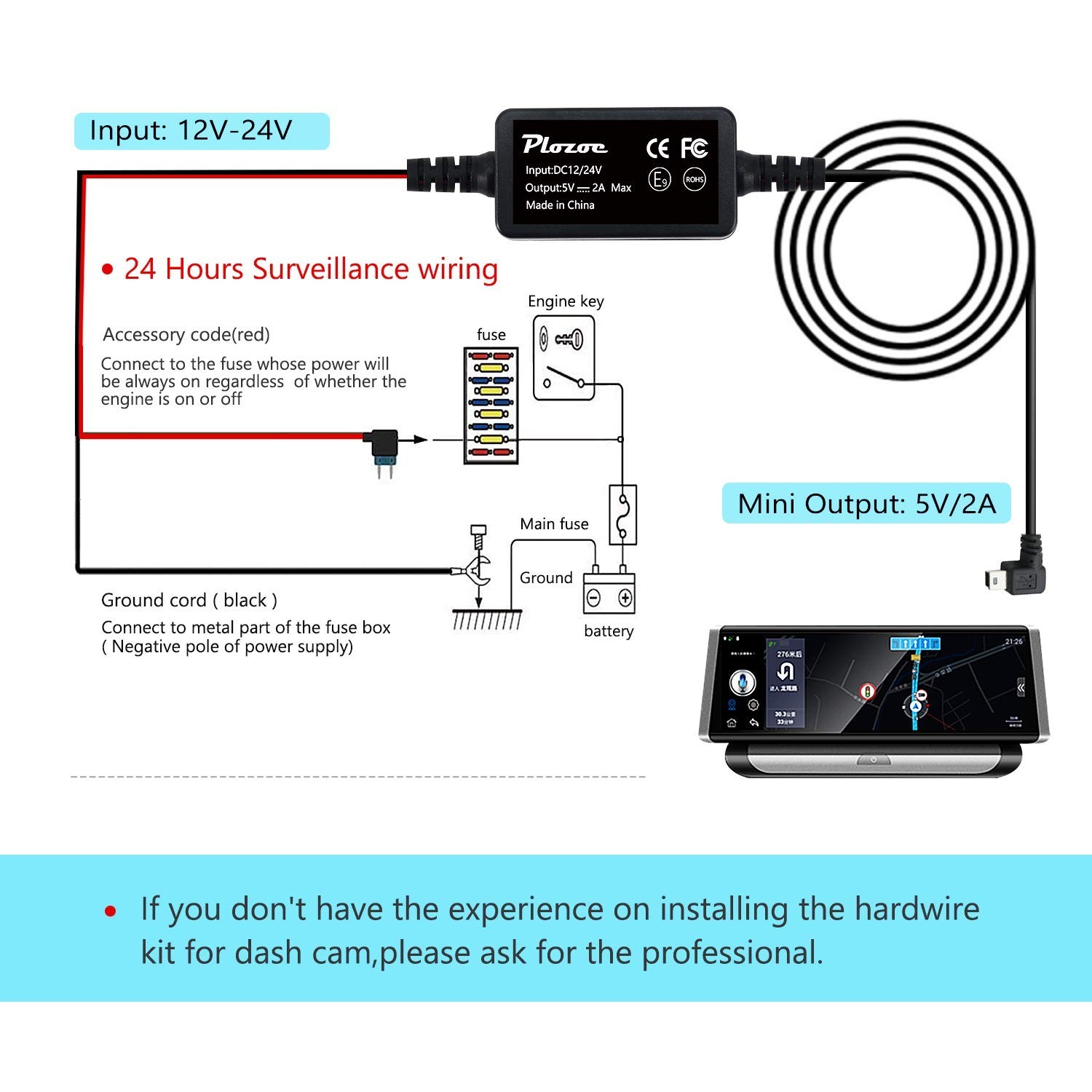 Universal Hardwire Kit for Dash Cams – Mini USB to USB C with Installation Tool