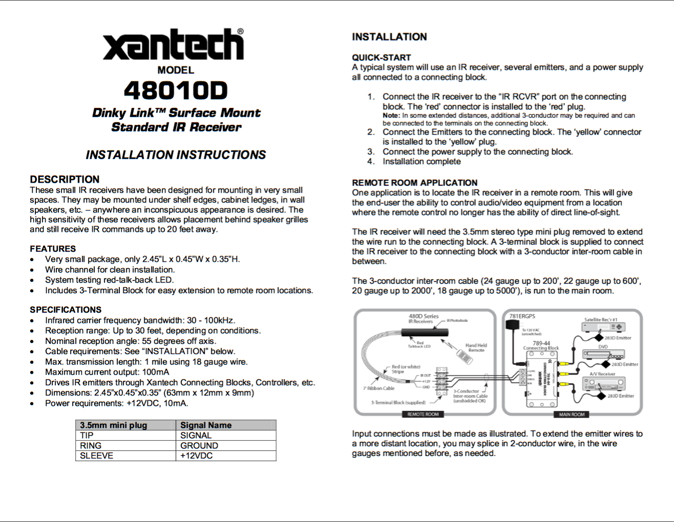 Xantech Dinky Link Surface Mount Standard IR Receiver 480-10D