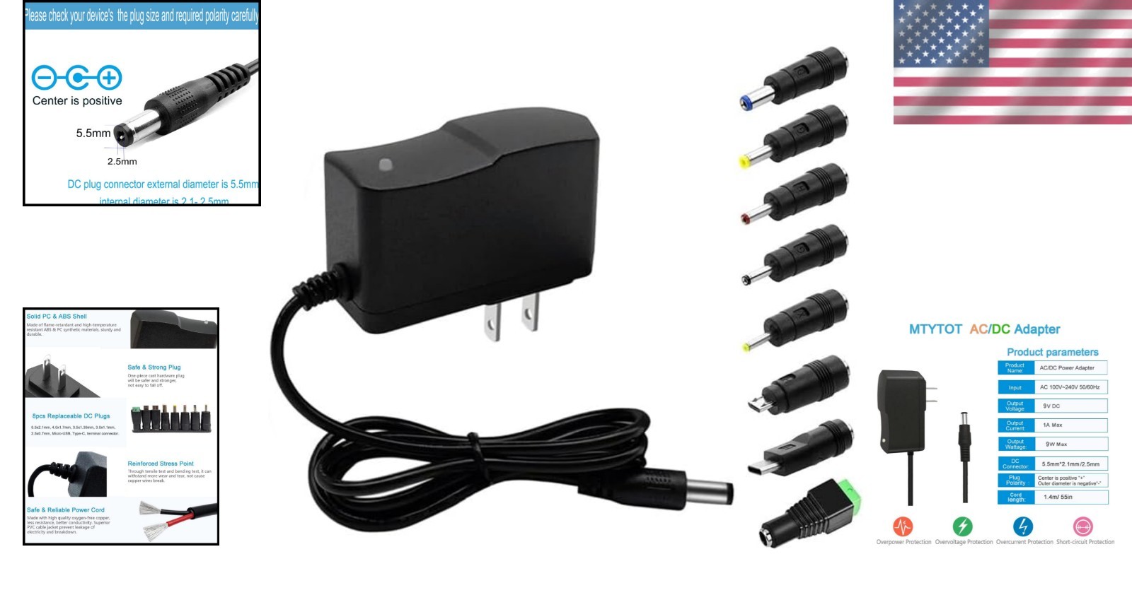 Versatile 9V 1A AC Adapter with 8 Interchangeable Tips for All Your Devices
