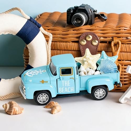 Summer Beach Decor 5 Inch Vintage Truck with Mini Seashells and Starfish Blue