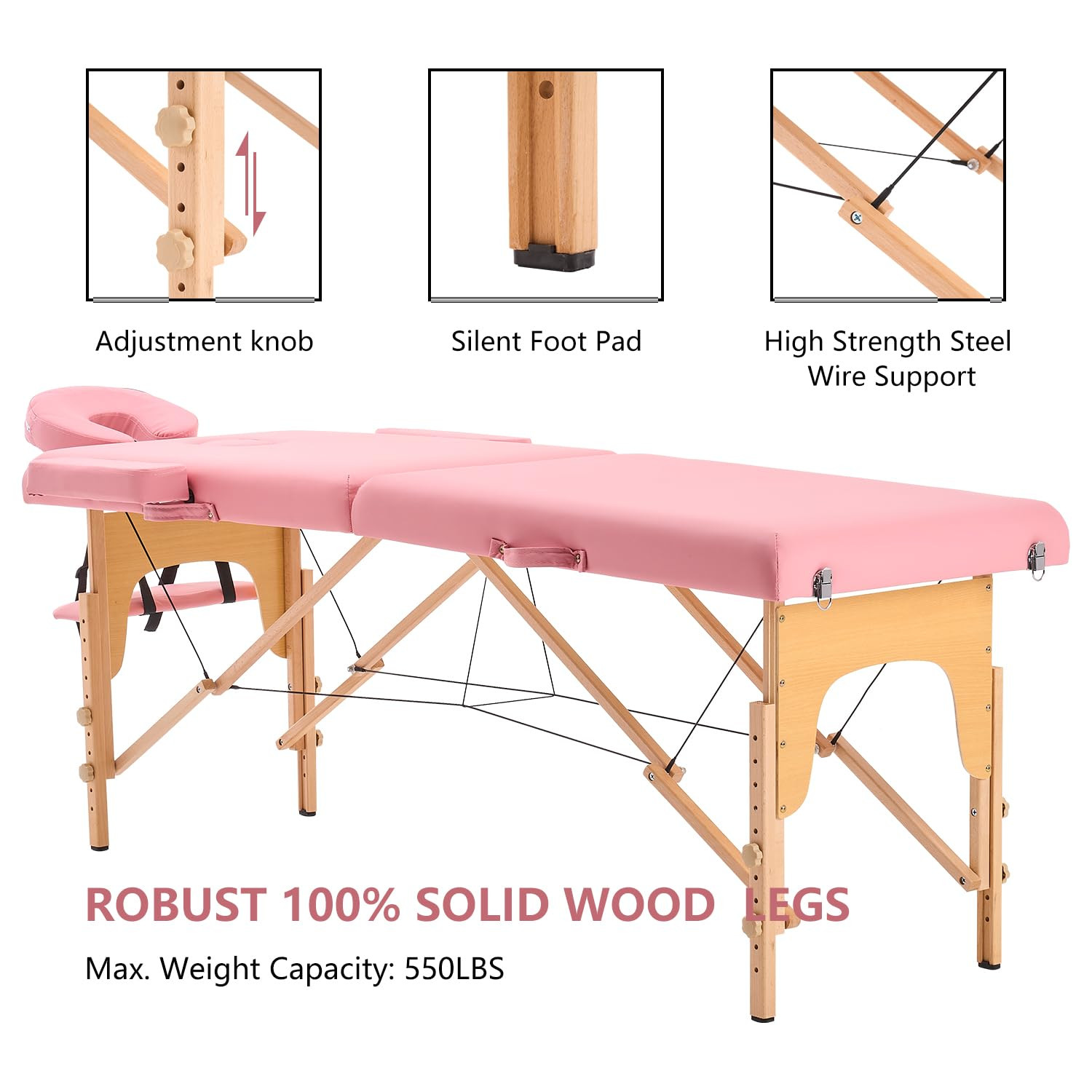 Portable Adjustable Massage Table with Accessories - Pink Wooden Frame