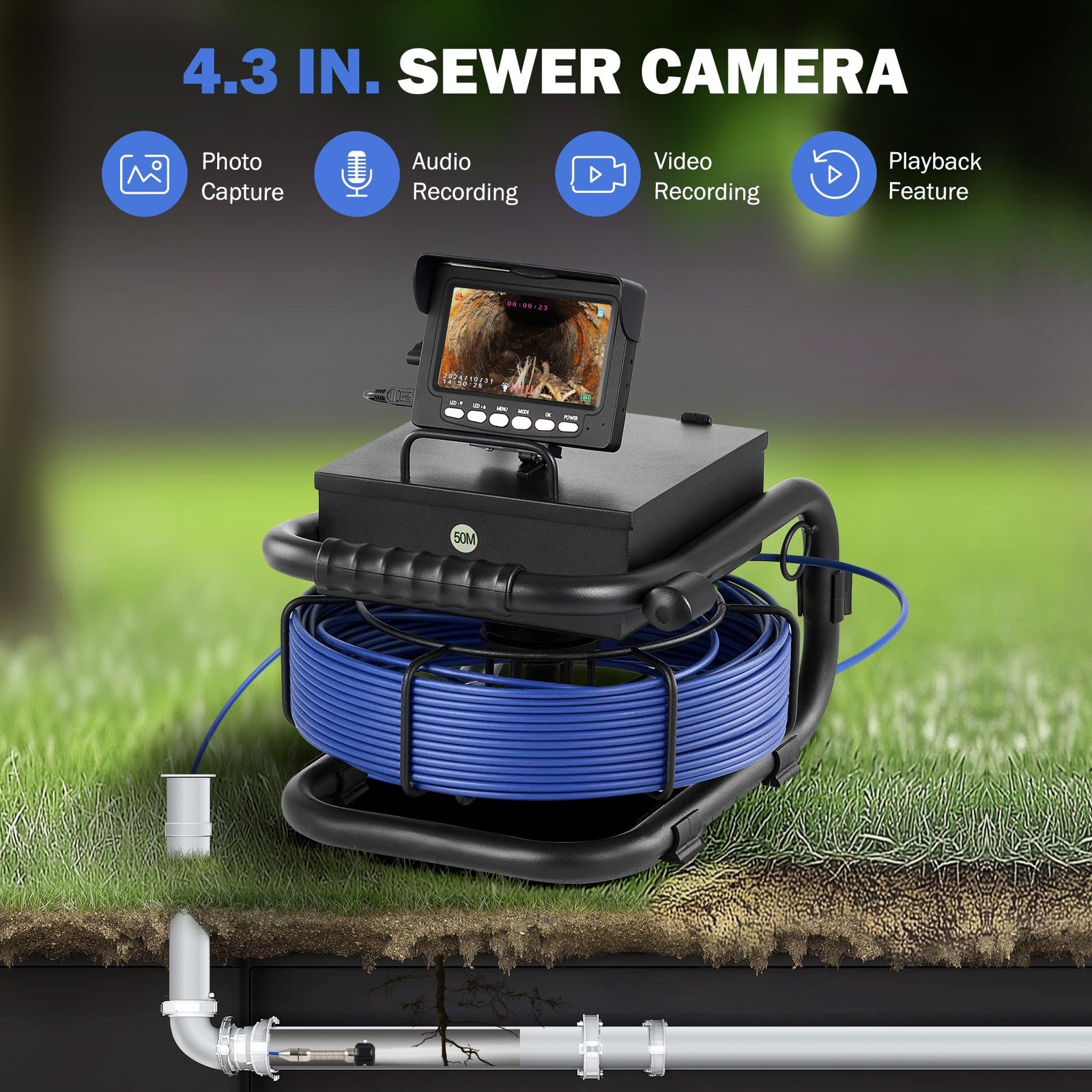 Sewer Camera, Drain Camera 165FT with 4.3 in. LCD Screen, Waterproof IP68 Bor...