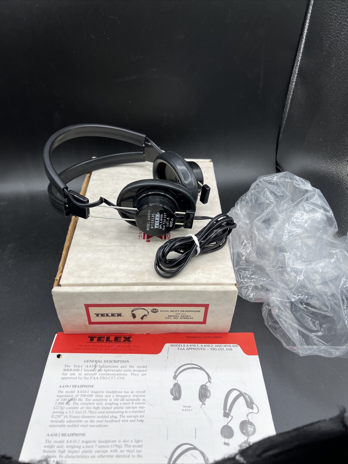 NOS Telex Dual Muff Headphone 600ohm A610-1  Aircraft Communication