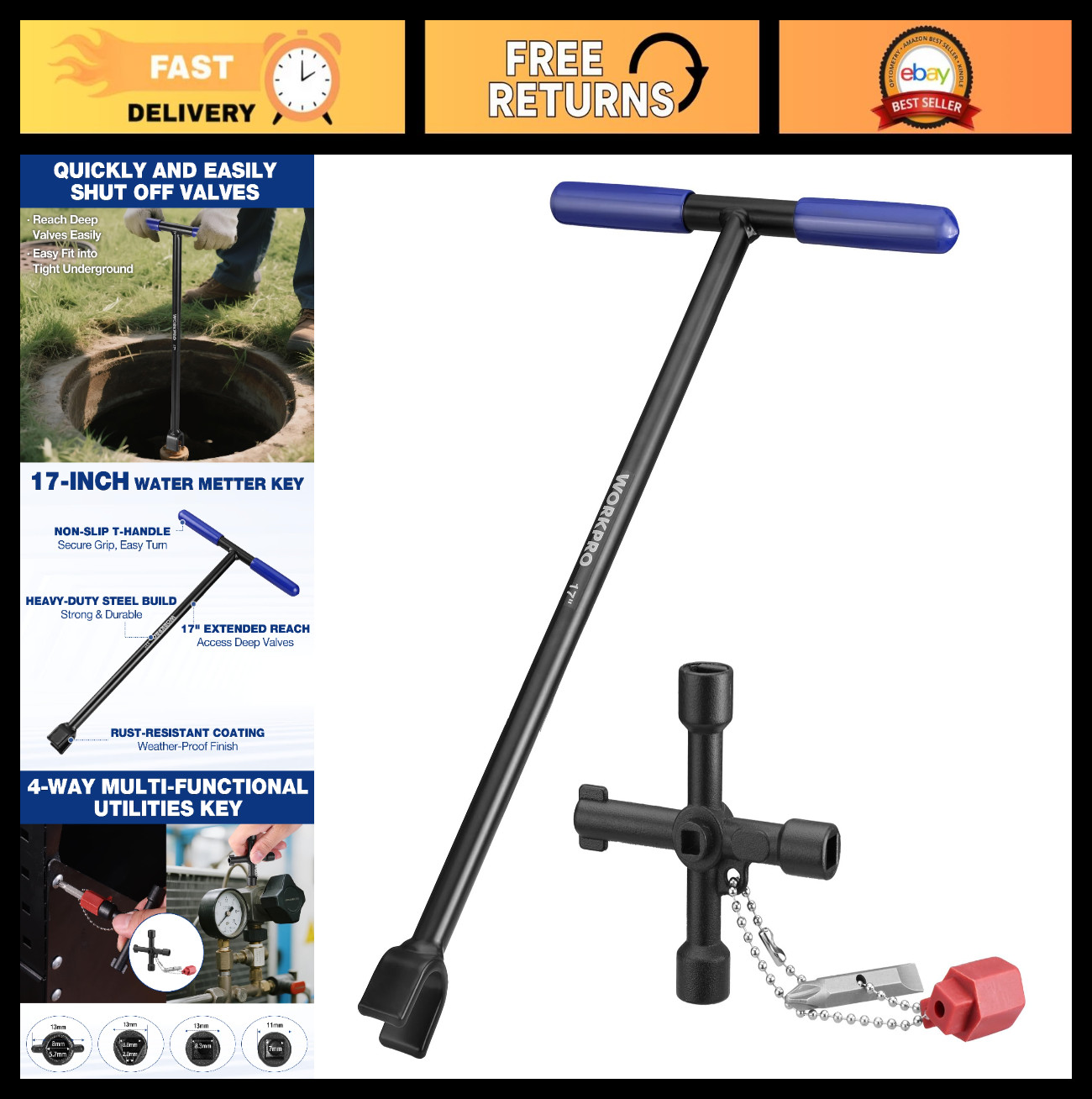 17" Water Meter Key & 4-Way Utility Key, Heavy Duty Steel Shut Off Tool, Non-Sli