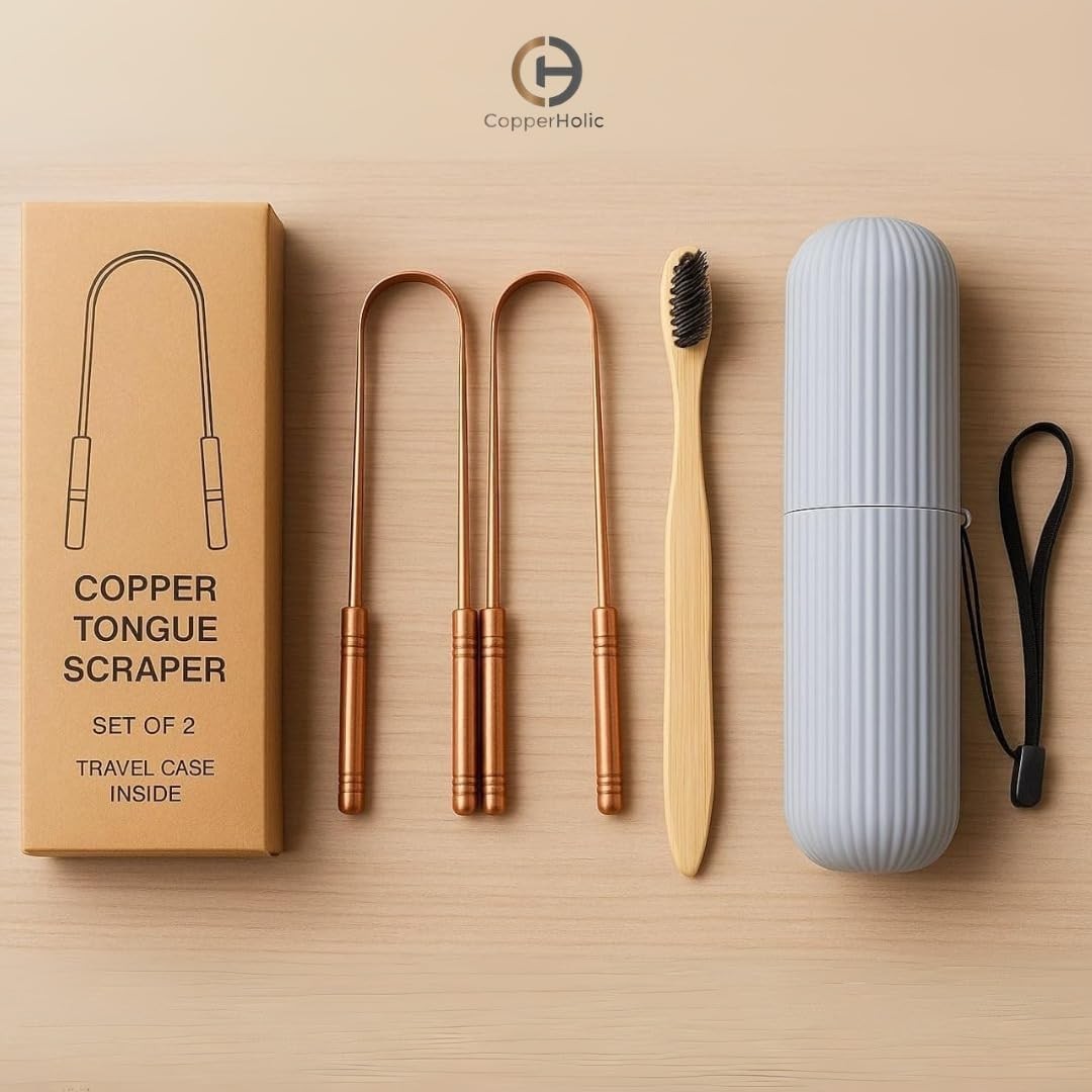 Tongue Scraper Set (2 Pack) – Pure Copper Cleaner Kit with Bamboo