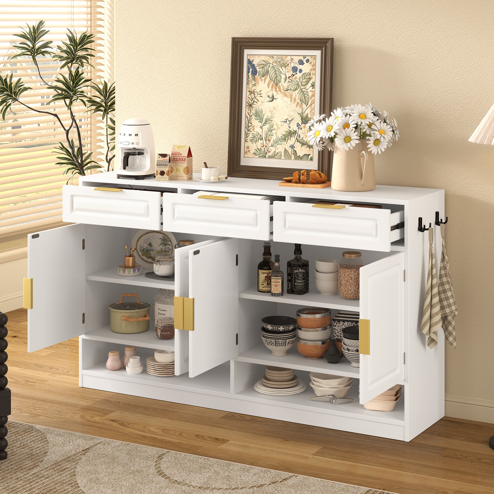 U-Style Farmhouse Sideboard with 3 Drawers & 4 Doors,59.1" Multi-Functional St