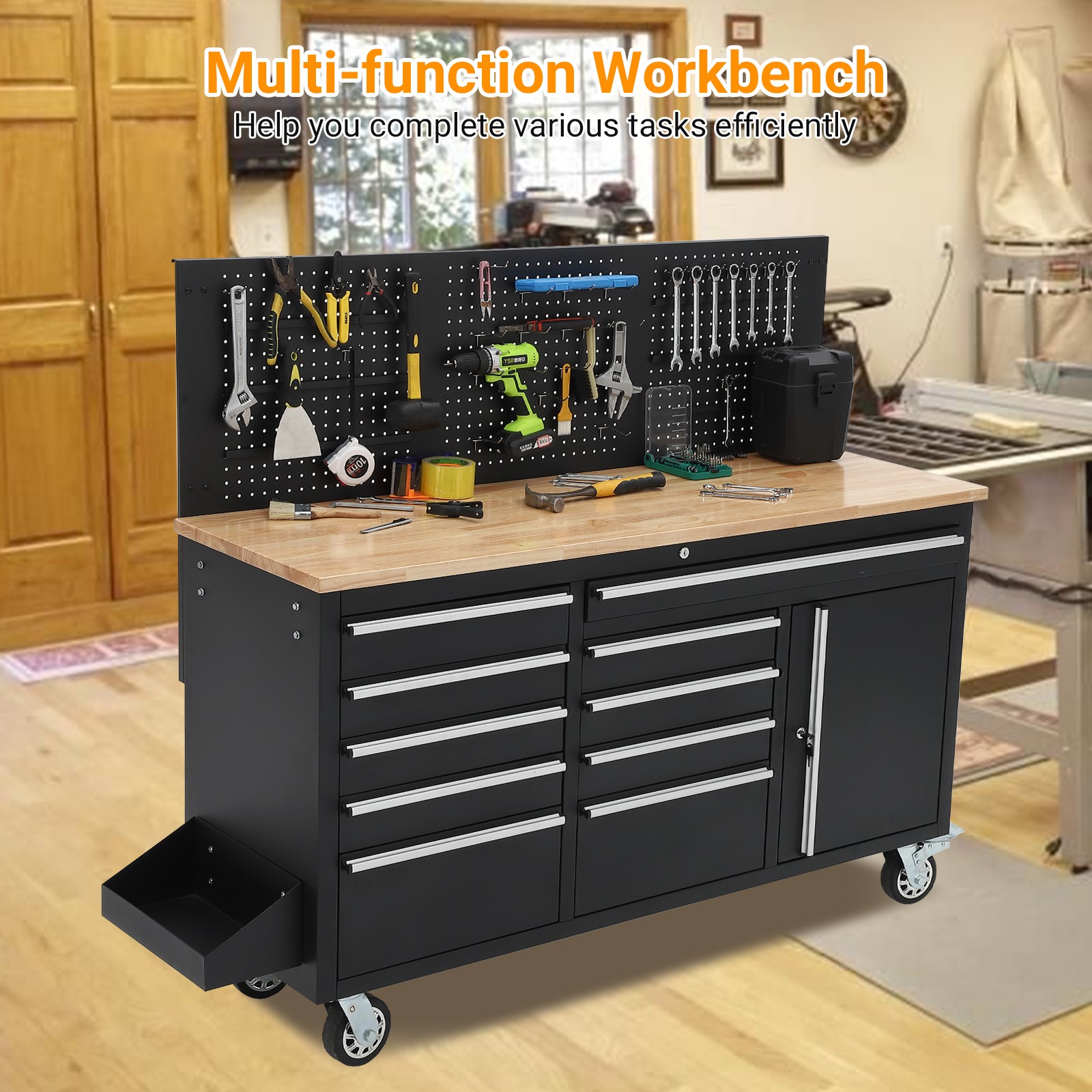 Workbench Rolling Tool Chest Heavy Duty Work Table with 10 Drawers and Pegboard