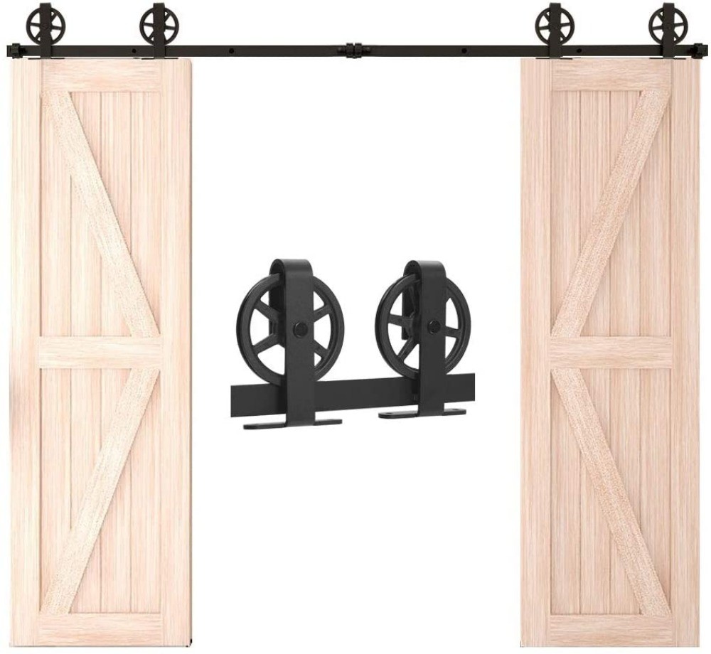 4FT-16FT Sliding Barn Door Hardware Kit T- Shaped for Double Door Big Wheel