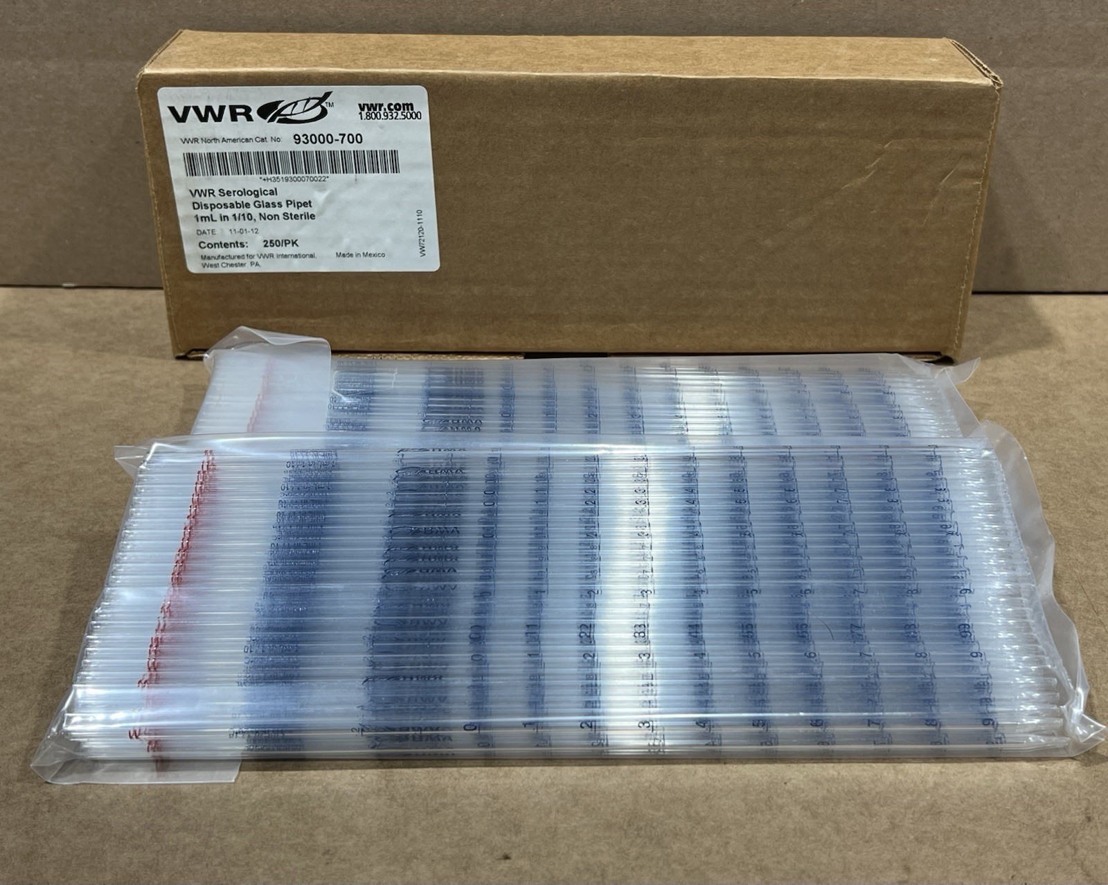 VWR Serological 93000-700 Borosilicate Glass Pipets 1ML in 1/10 250-Pack NOS