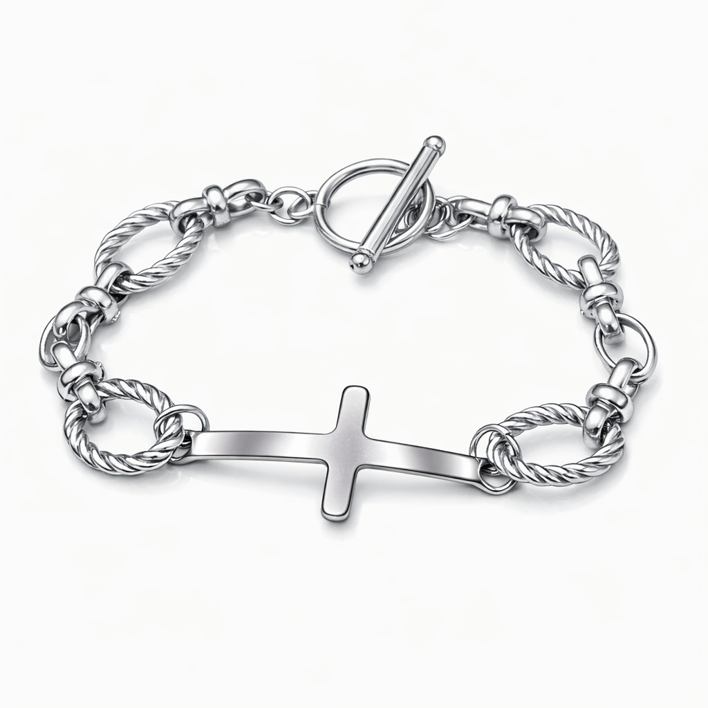 Stainless Steel Christian Cross Charm Bracelet –Twisted Rope Links –Toggle Clasp