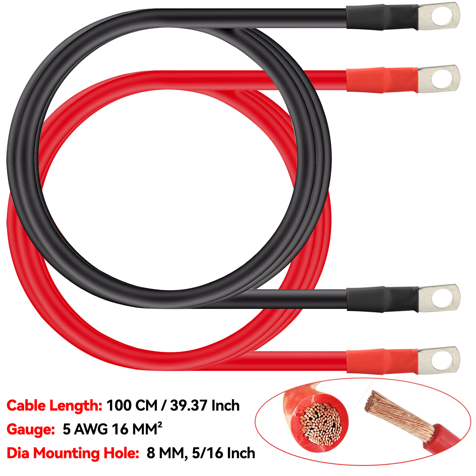 Battery Cable Set 39inch 5AWG 16mm2 Power Inverter Cables for Car RV Motorcycle;