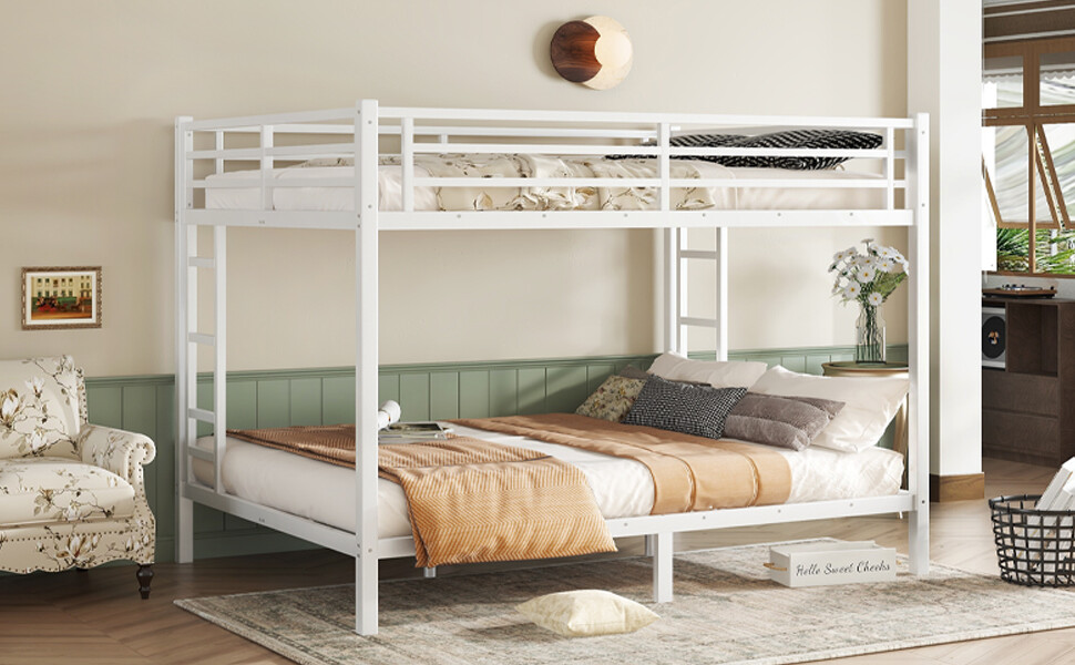 Metal Queen over Queen Bunk Bed Frame for Teens and Adults Space-Saving White