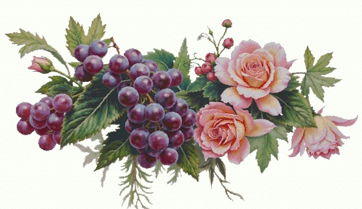 Still Life Grapes & Roses Cross Stitch Design Includes Full Pattern Keeper File
