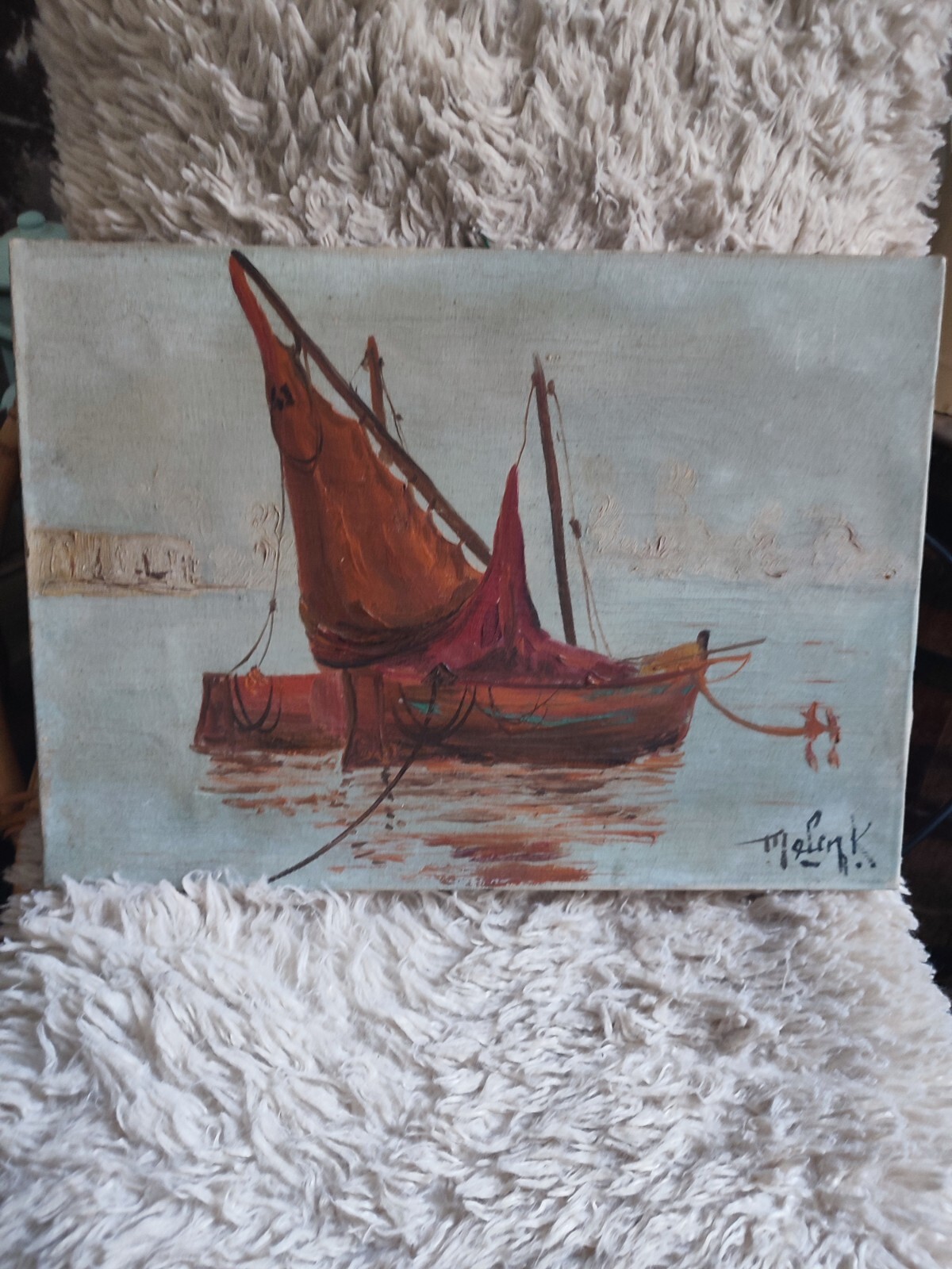 Melink OLD Oil on Canvas 'Marine with Sail Fishing Boats'
