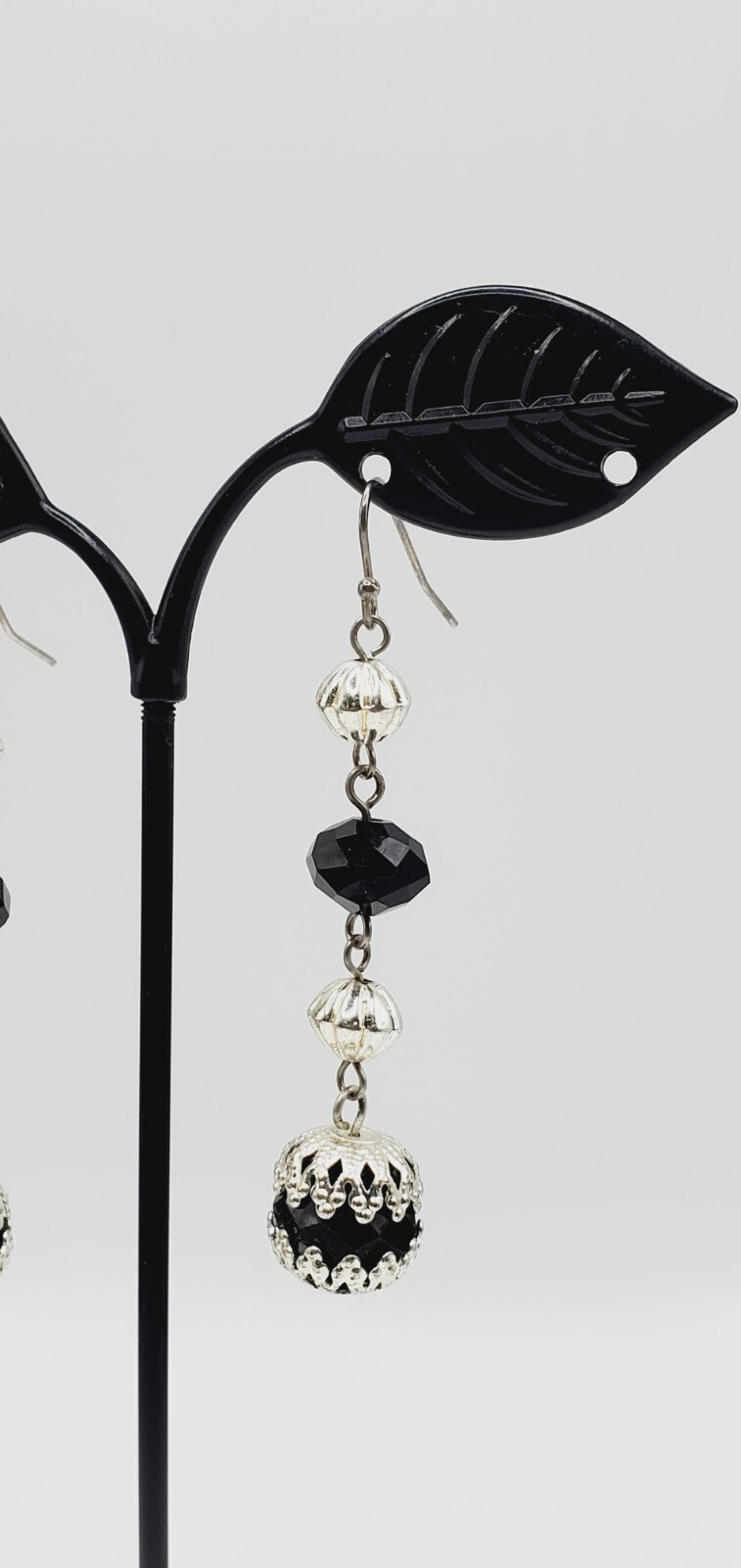 2.5" Asymmetrical Black Crystal & Silver Tone Dangling Pierced Earrings