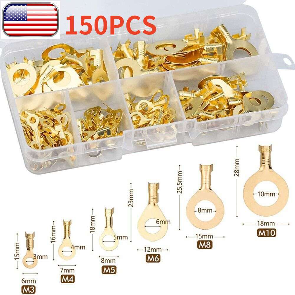150x Brass Insulated Crimp Ring Terminals Electrical Wire Connectors Spade Kit