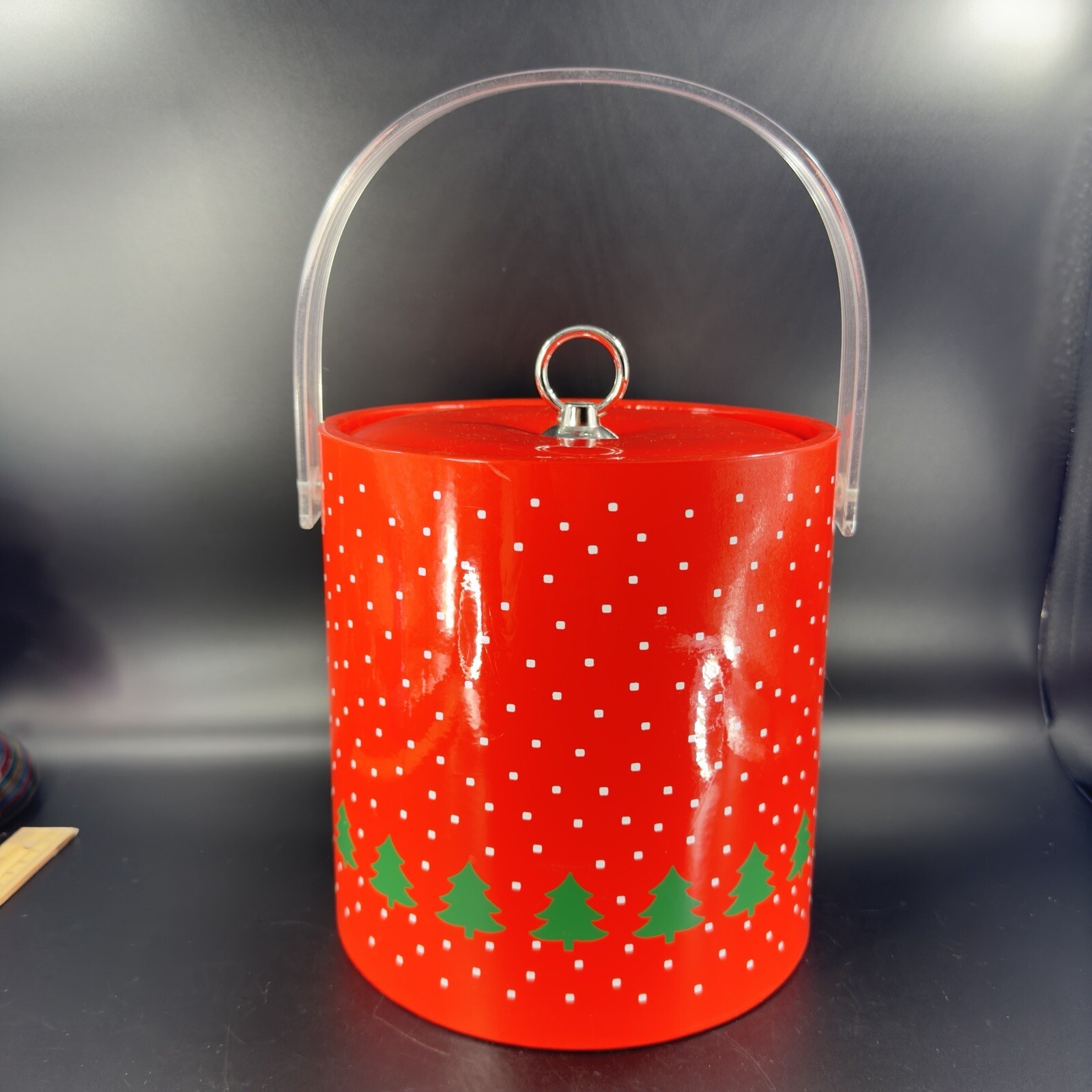 1980s Libbey Winterland Retro Bright Red Holiday Ice Bucket Vintage W Lid Decor