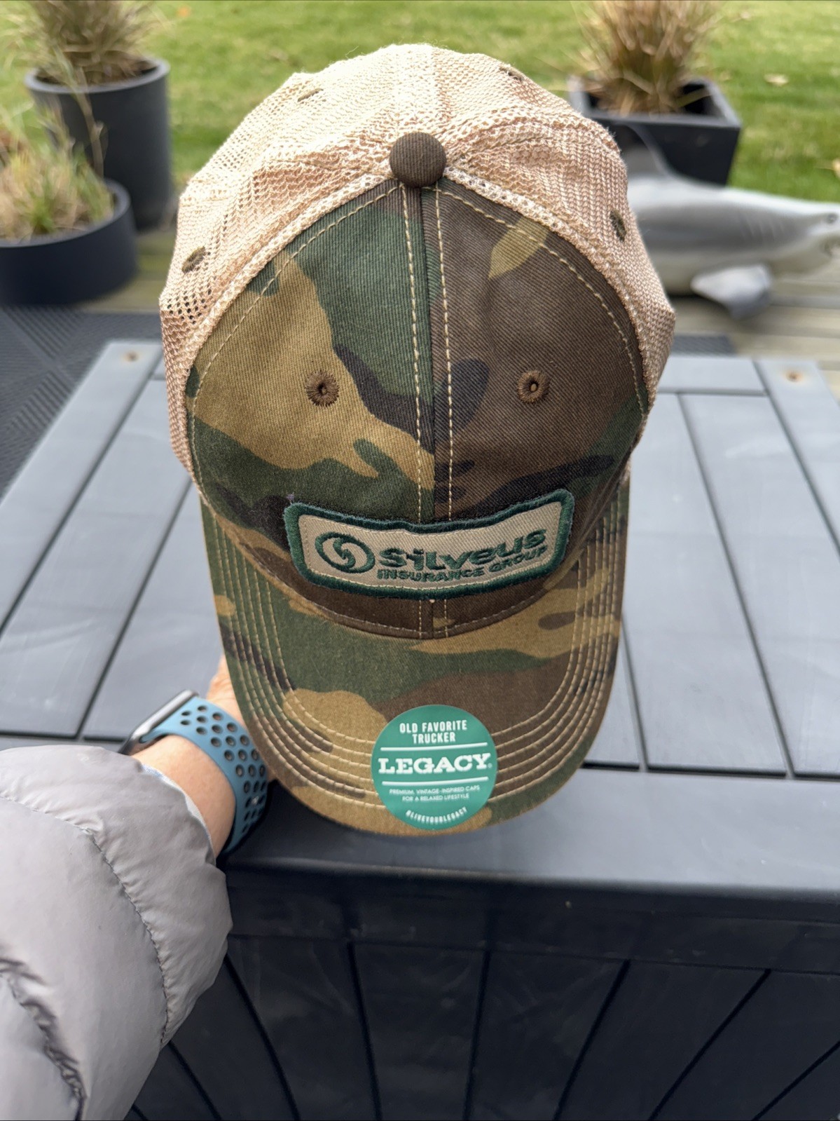 Silvers Insurance Group Green Tan Patch on Camo Gold Trucker Hat Cap SnapBack