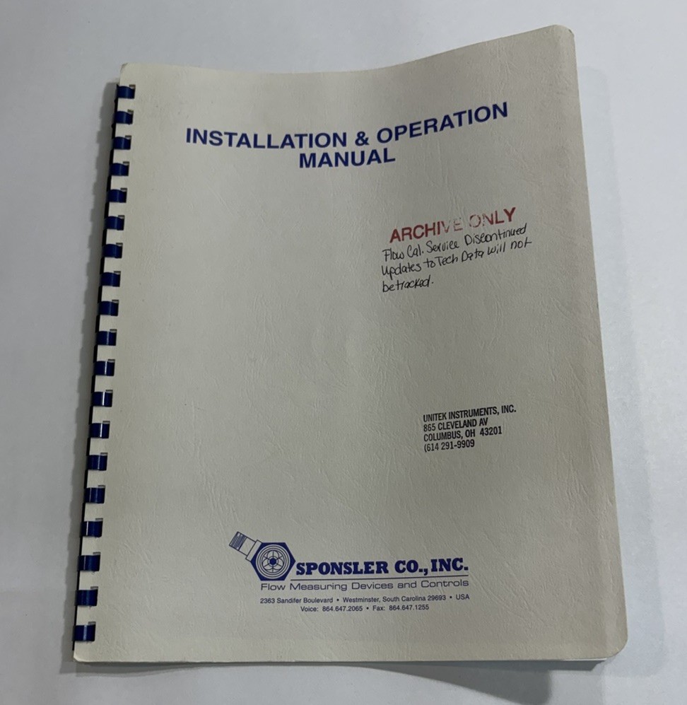 Sponsler Flow Measuring IT200N User Manual And Instillation Instruction Guide