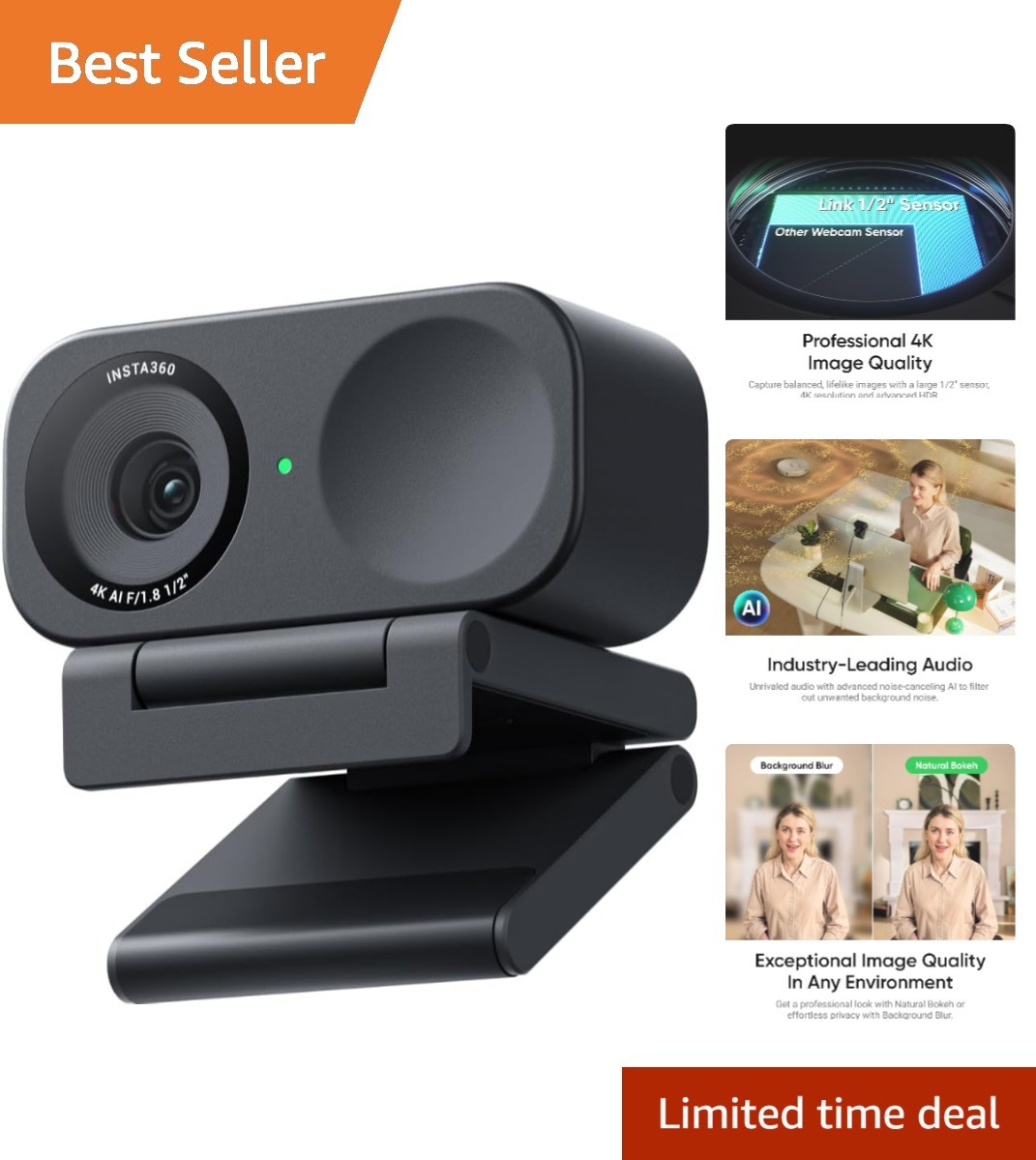 Link 2C 4K Webcam with Auto Framing & AI Noise-Canceling Mic - Stream Like a Pro