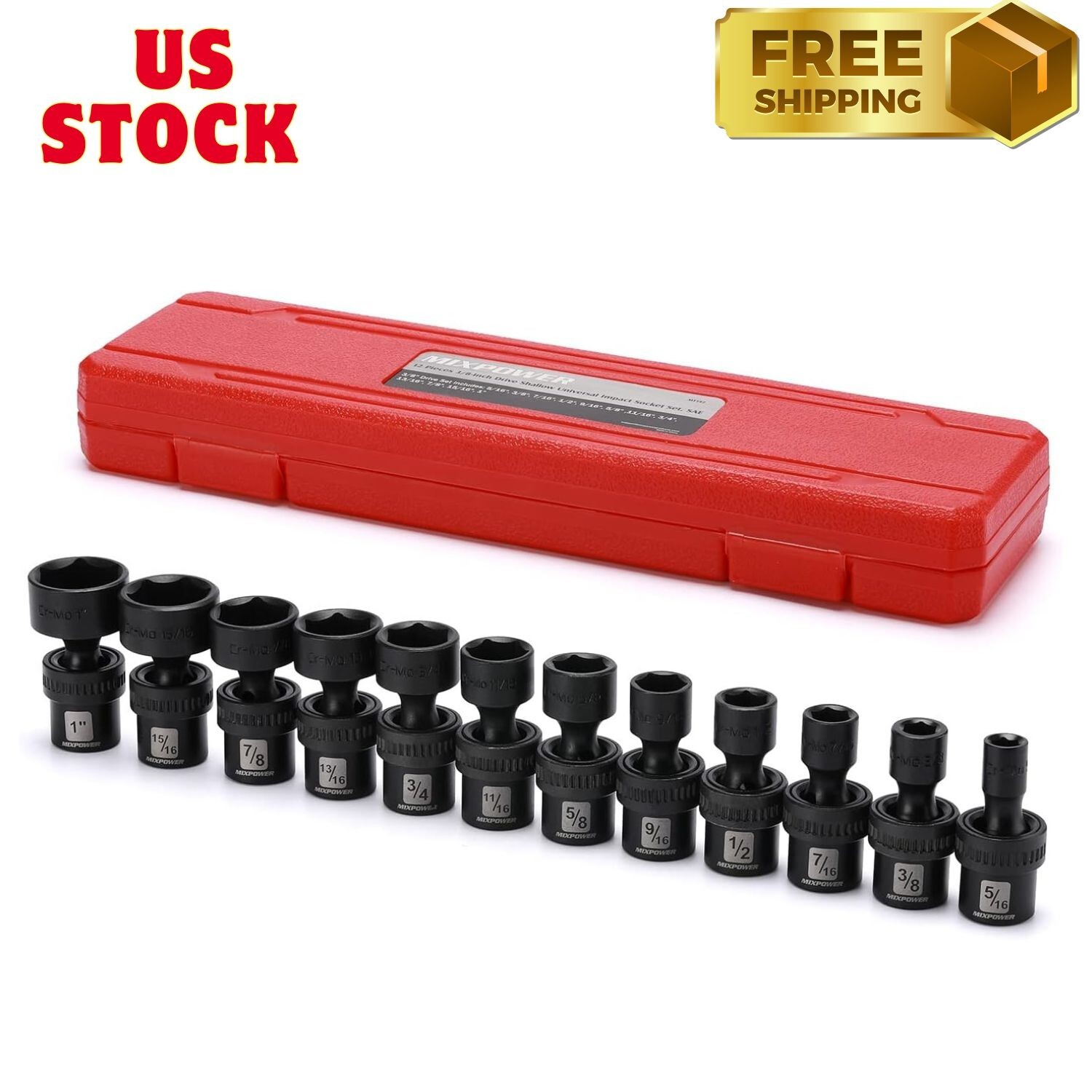 3/8" Drive Shallow Impact Universal Joint Swivel Socket Set, SAE, 5/16" - 1"