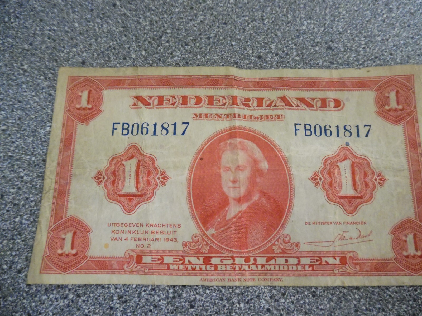 Netherlands 1 Gulden Banknote 4th. February 1943.FB061817